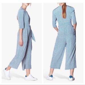LK Bennett Joni Block Print 100% Silk Wide Leg Jumpsuit Blue White Casual Sz 12